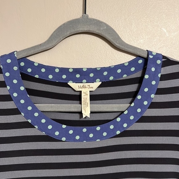 Matilda Jane Size M Top Blue Gray Stripe Polka Dot Let's Get Lost Peplum. - Picture 8 of 11